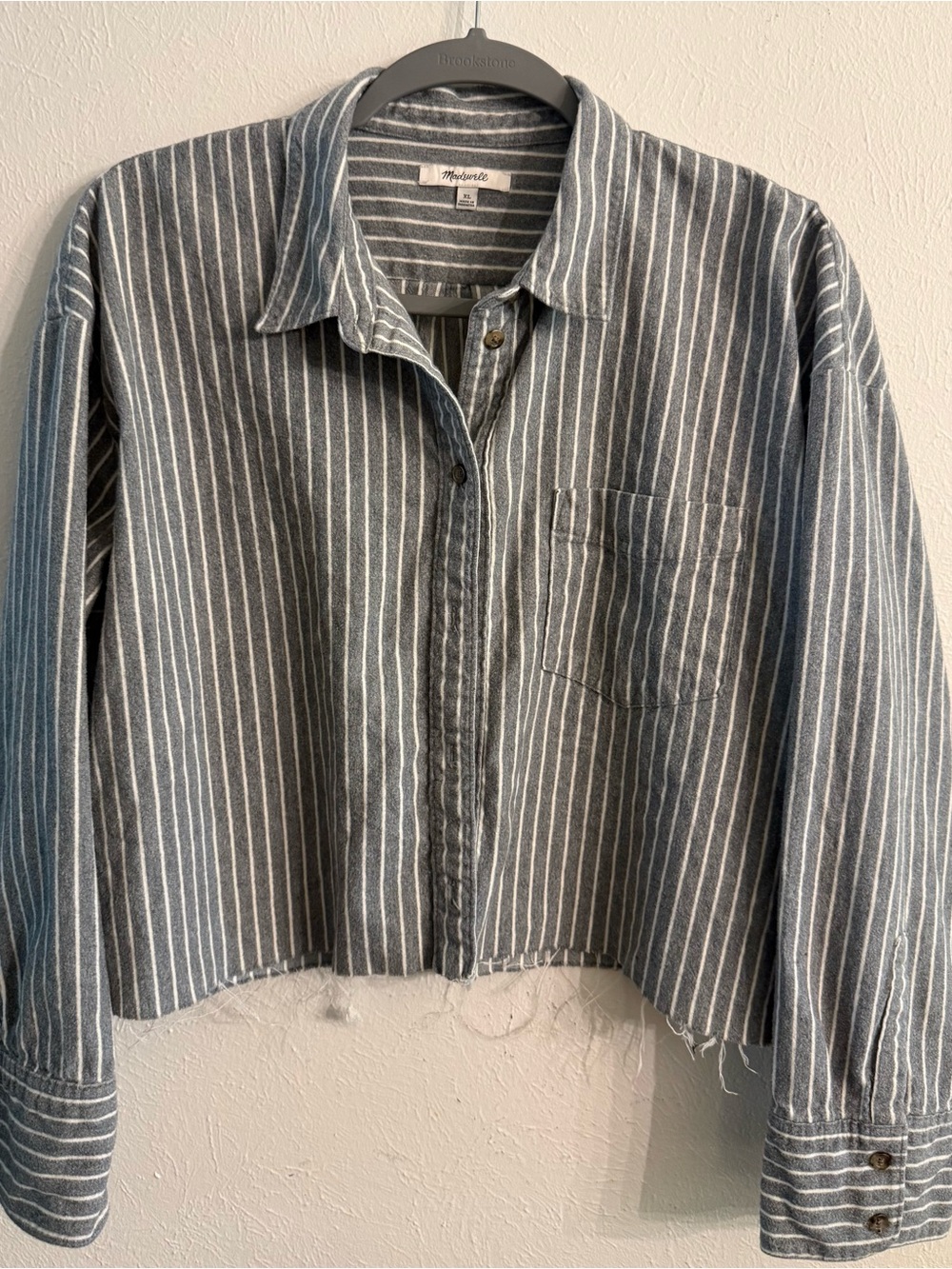 Madewell Gray and White Striped Cropped Button-Down Shirt